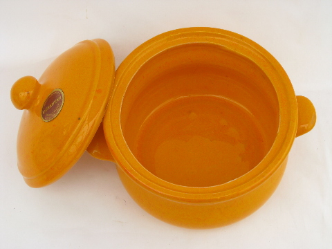 Vintage Laurentian art pottery label, retro orange covered casserole