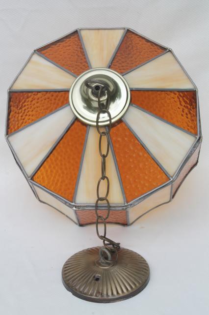 vintage leaded glass shade light fixture, amber stained glass pendant hanging lamp 
