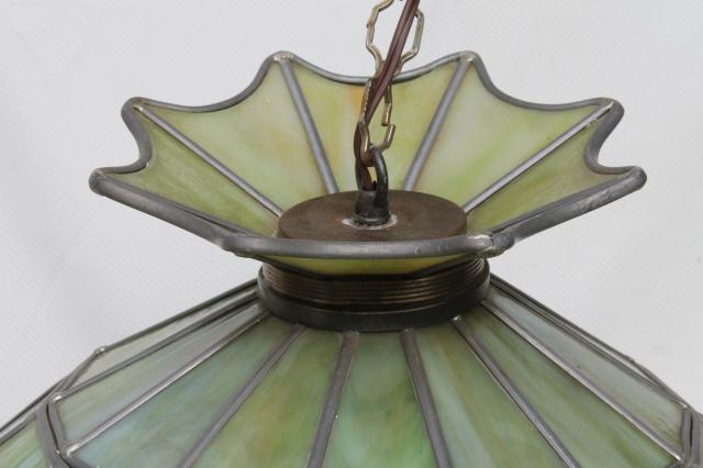 vintage leaded glass shade light fixture, green stained glass pendant hanging lamp