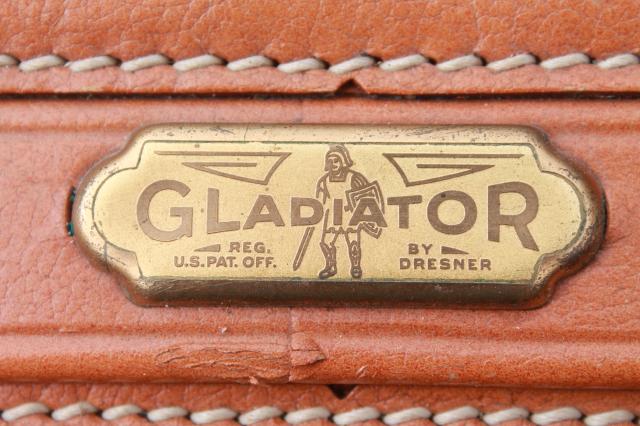 vintage leather suitcase w/ Gladiator label,  mid century travel luggage 