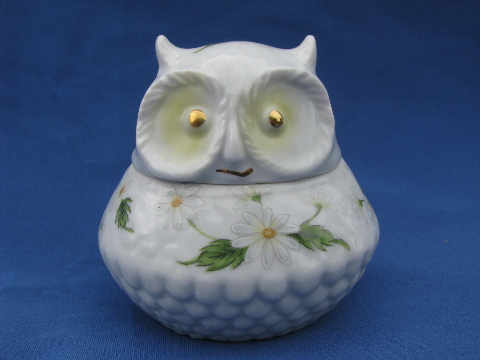 Vintage Lefton handpainted Japan china owl trinket box, Lefton's label