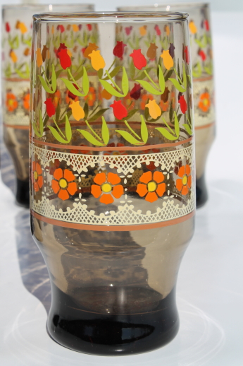 Vintage Libbey glasses with orange daisies lace & tulips, tawny smoke brown tumblers