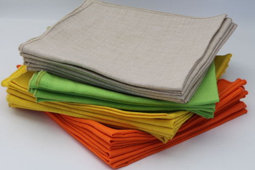 Vintage linen weave cotton fabric napkins, cloth napkins in citrus yellow, lime green, orange