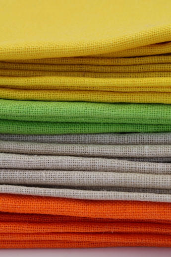 Vintage linen weave cotton fabric napkins, cloth napkins in citrus yellow, lime green, orange