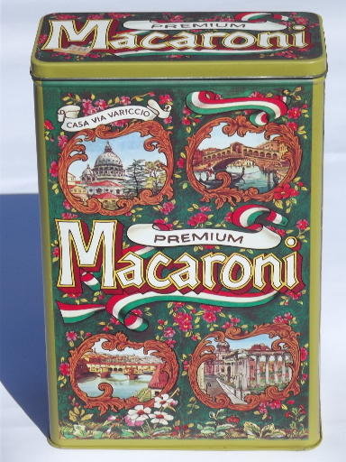 Vintage litho print pasta canister for Italian macaroni, 70s retro tin