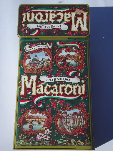 Vintage litho print pasta canister for Italian macaroni, 70s retro tin