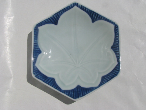 Vintage lotus leaf porcelain sushi plates, cobalt blue and white china