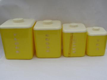Vintage Lustro Ware kitchen canisters set, 50s yellow / white plastic