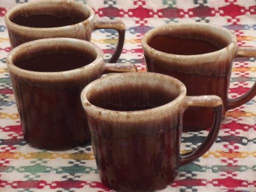 Vintage McCoy pottery coffee mugs set, brown drip glaze stoneware cups