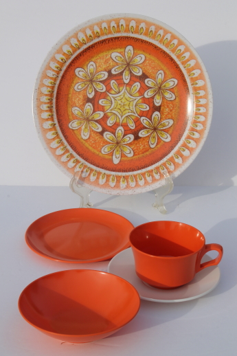 Vintage melmac dinnerware set, 60s retro tangerine orange & gold sunburst print melamine