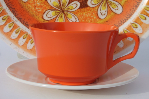 Vintage melmac dinnerware set, 60s retro tangerine orange & gold sunburst print melamine