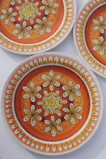 Vintage melmac dinnerware set, 60s retro tangerine orange & gold sunburst print melamine