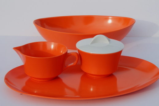 Vintage melmac dinnerware set, 60s retro tangerine orange & gold sunburst print melamine