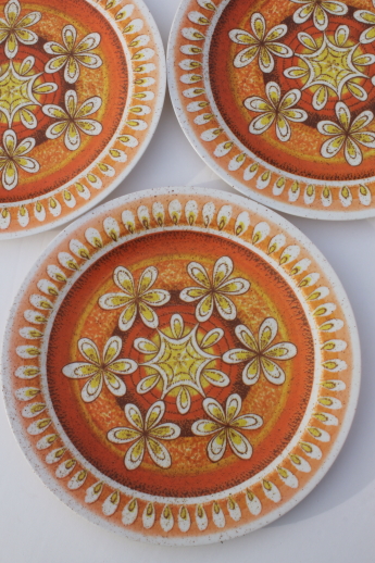Vintage melmac dinnerware set, 60s retro tangerine orange & gold sunburst print melamine