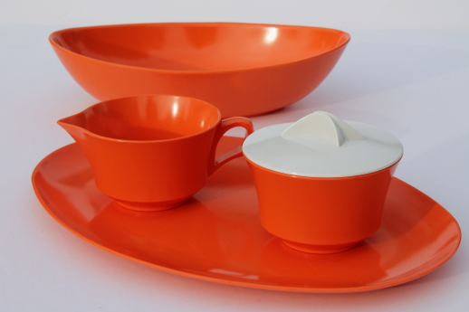 Vintage melmac dinnerware set, 60s retro tangerine orange & gold sunburst print melamine