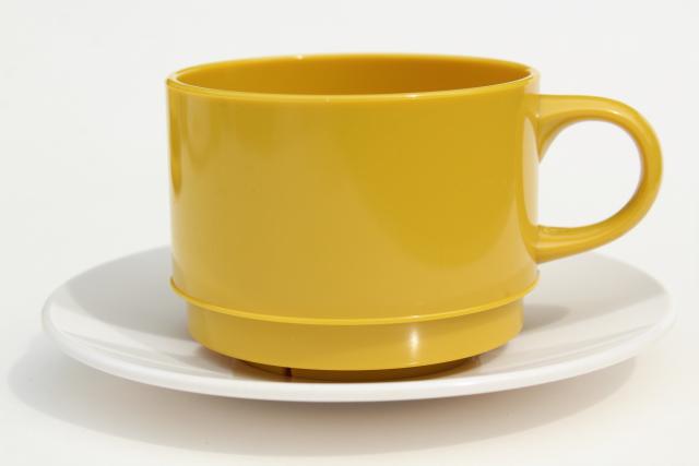 vintage melmac dinnerware set, gold sunflower print melamine plastic dishes