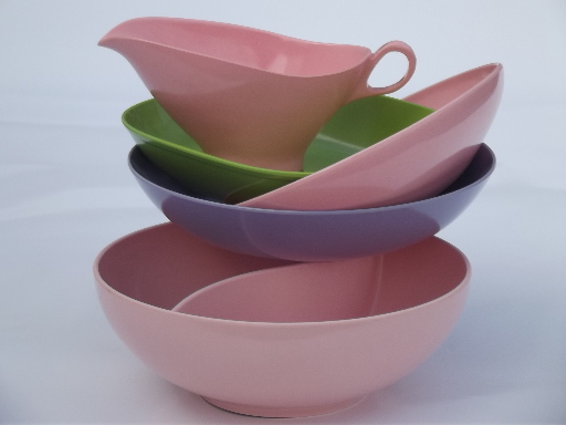 Vintage melmac dishes, serving bowls  in retro lavender, pink, grass green