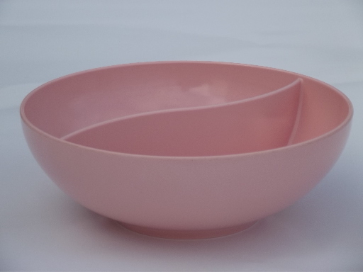 Vintage melmac dishes, serving bowls  in retro lavender, pink, grass green