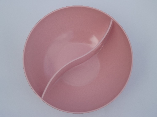 Vintage melmac dishes, serving bowls  in retro lavender, pink, grass green