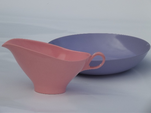 Vintage melmac dishes, serving bowls  in retro lavender, pink, grass green