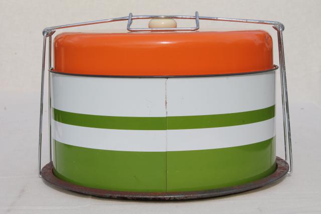 vintage metal cake saver, retro orange and green cake & pie keeper plate & cover