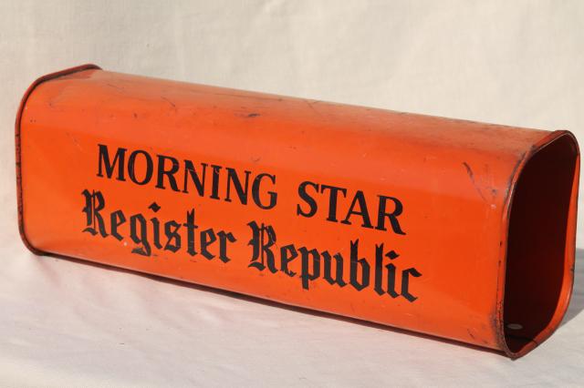 vintage metal newspaper delivery box orange & black paint, Morning Star Register Republic