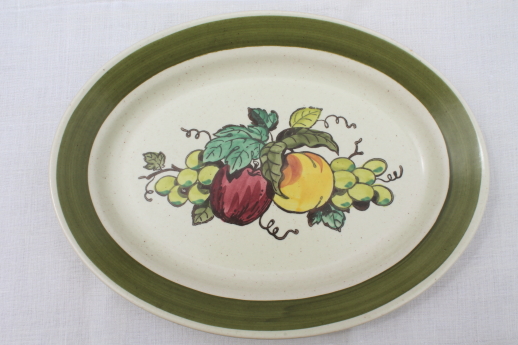 Vintage Metlox provincial fruit pattern green band cream & sugar, platter, serving bowl