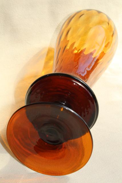 vintage mid-century modern art glass vase, tall hourglass shape in root beer amber