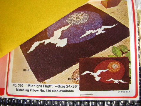 Vintage Midnight Flight / Mary Maxim latch hook rug kit, pre-cut yarn & canvas