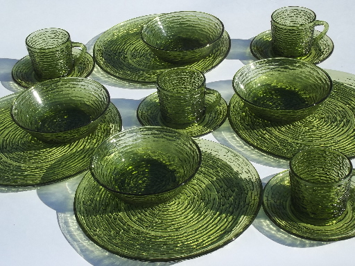 Vintage Milano Or Soreno Green Glass Dishes Set Retro Crinkle Texture