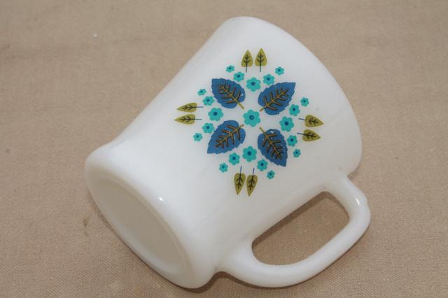 vintage milk glass coffee mug, Swiss Chalet trees & flowers, Anchor Hocking Fire King