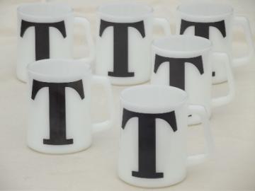 Vintage milk glass coffee mugs, letter T monogram initial in chalkboard black