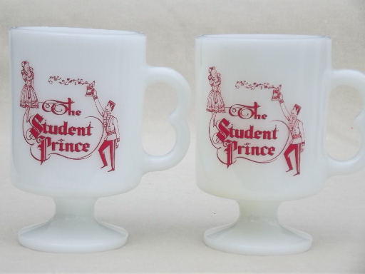 Vintage milk glass mugs from 80s Fireside dinner theater shows