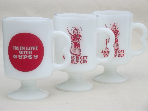 Vintage milk glass mugs from 80s Fireside dinner theater shows