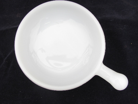 Vintage milk white oven proof glass handled soup bowls, onion soups