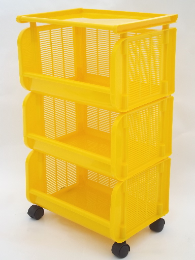Vintage modular plastic storage shelf,  retro yellow Mr. Cart in 70s 80s box