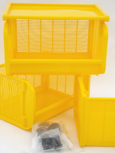 Vintage modular plastic storage shelf,  retro yellow Mr. Cart in 70s 80s box
