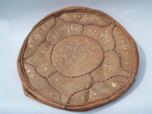 Vintage Moroccan gilt leather pouf ottoman cover for floor cushion seat