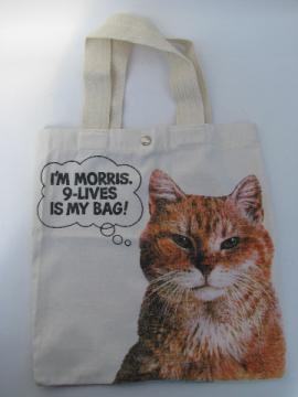 Vintage Morris the 9-Lives Cat screen print cotton canvas tote or book bag