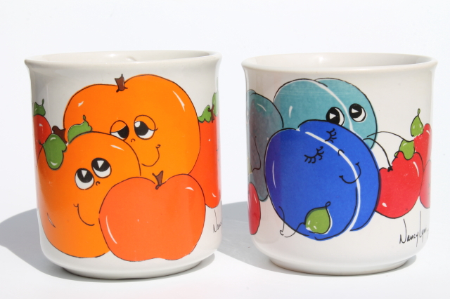 Vintage Nancy Lynn coffee mugs, retro ceramic cups w/ smiling happy fruit