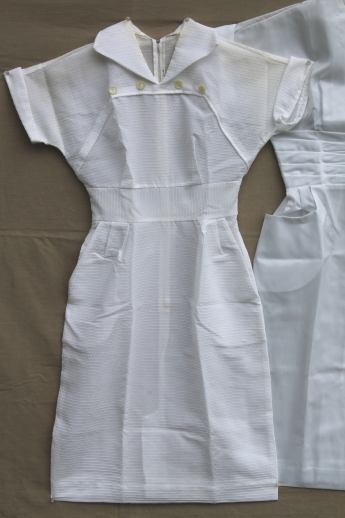 Vintage nurse uniforms, retro 60s white poly nurse dresses w/ slim skirts