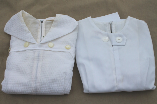 Vintage nurse uniforms, retro 60s white poly nurse dresses w/ slim skirts