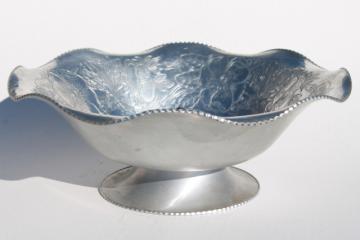 vintage nut cracking bowl, hammered wrought aluminum metal bowl to hold nuts & nutcracker