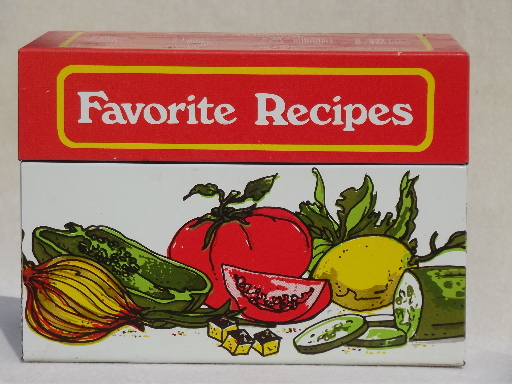 Vintage Ohio Art recipes  box, metal litho print tin for recipe cards