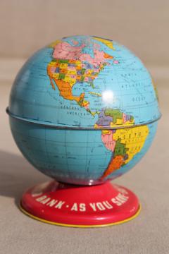 Vintage Ohio Art tin toy world globe bank, metal litho print coin savings bank