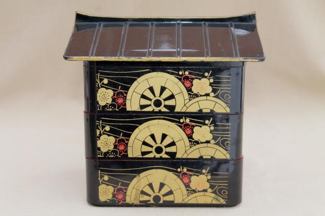 vintage oriental lacquer ware tea caddy or jewelry box, canister house of stacking boxes