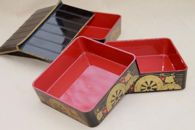 vintage oriental lacquer ware tea caddy or jewelry box, canister house of stacking boxes
