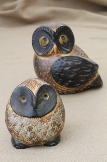 Vintage Otagiri Japan ceramic owls, retro brown owl figurines w/ OMC label