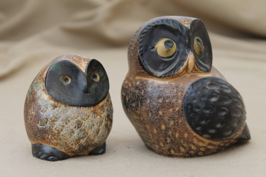 Vintage Otagiri Japan ceramic owls, retro brown owl figurines w/ OMC label