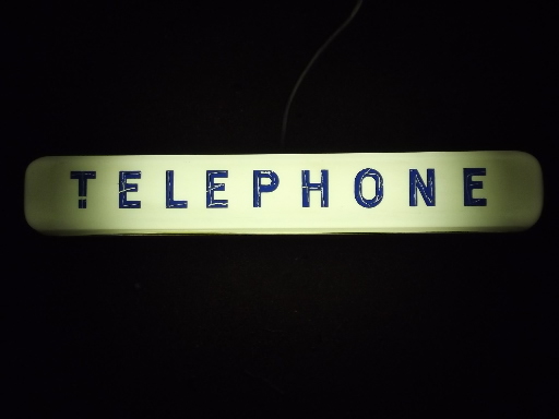 Vintage pay phone lighted sign, retro TELEPHONE booth pop art